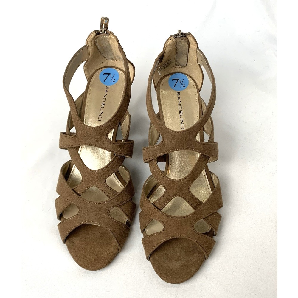 Bandolino Suede Wedge Sandals Womens 7.5 Brown Strappy High Heel Zip Back